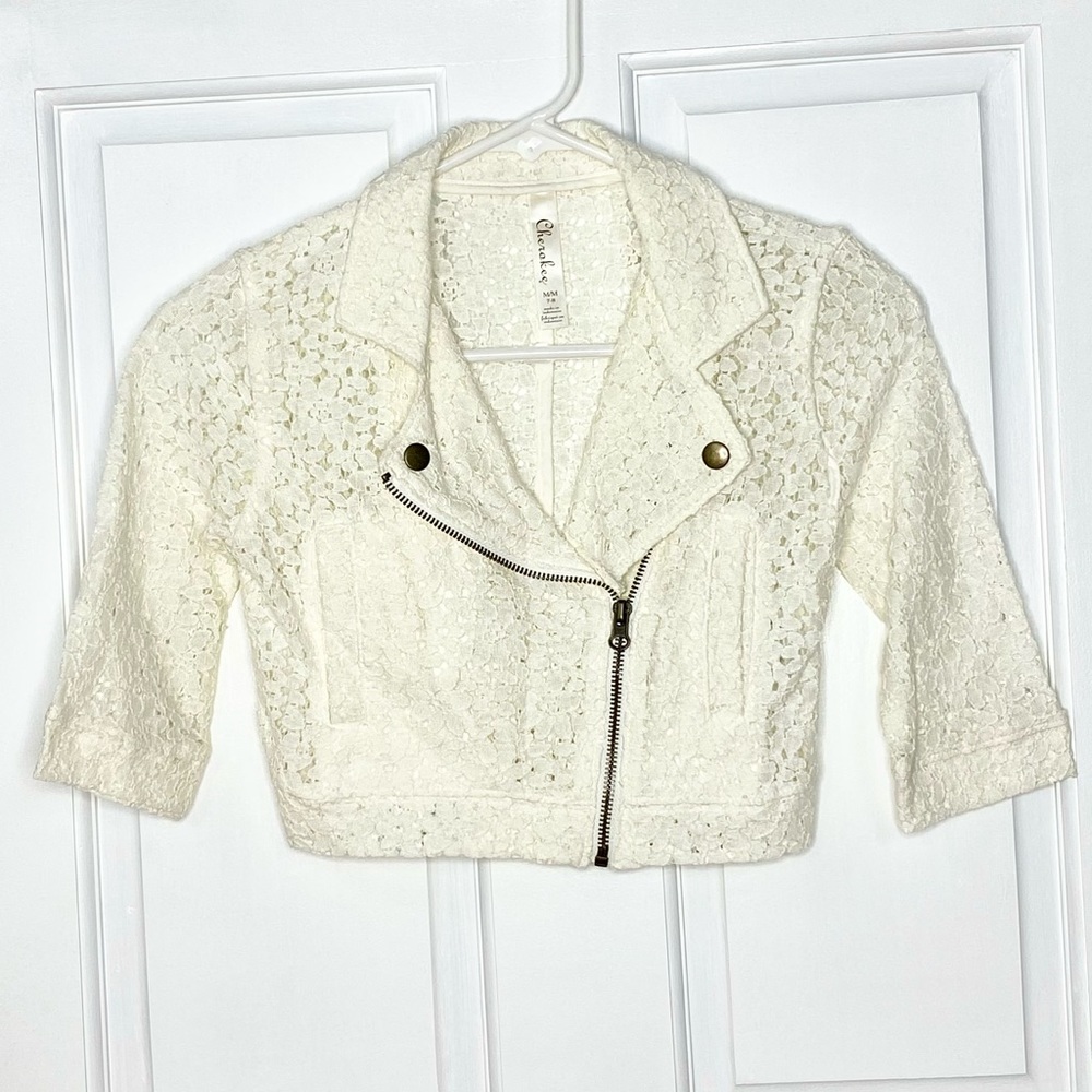 Cherokee Girls Cream Lace Crop Moto Jacket - M 7/8